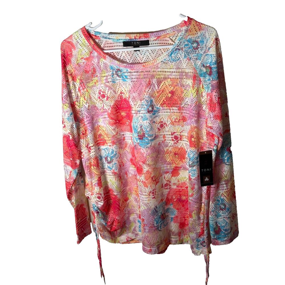Toni Morgan Sweater Women's Large Mesh Cut Out Colorful Floral Tie 3/4 NWT